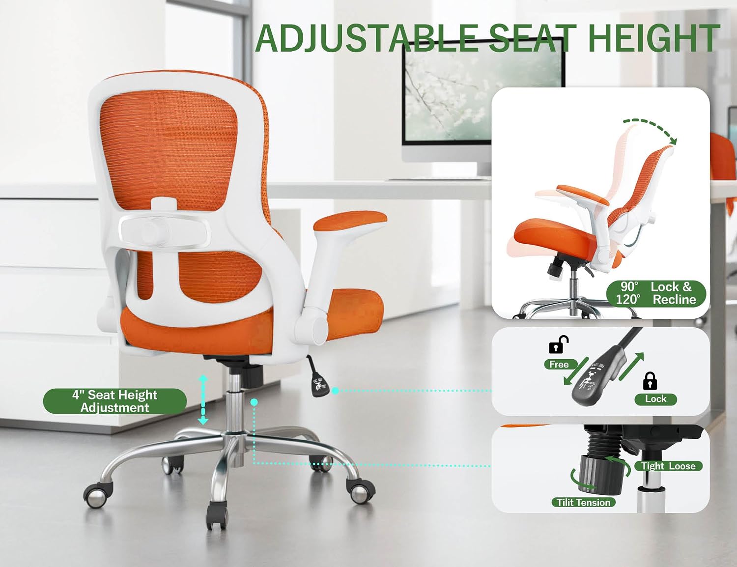 Office Chair Ergonomic Desk Chair Comfy: 400LBS Mesh Computer Chair Ergonomic Gaming Chairs with Wheels Adjustable Lumbar Support and Flip up Armrest-Swivel Executive Chairs Long Hours(Orange)