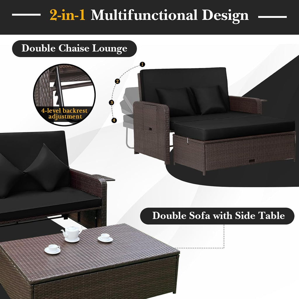 Tangkula Patio Rattan Daybed with 4-Level Adjustable Backrest, Outdoor PE Wicker Loveseat with Storage Ottoman & Folding Side Tray, Double Sunbed Lounger for Balcony, Backyard & Poolside, Black