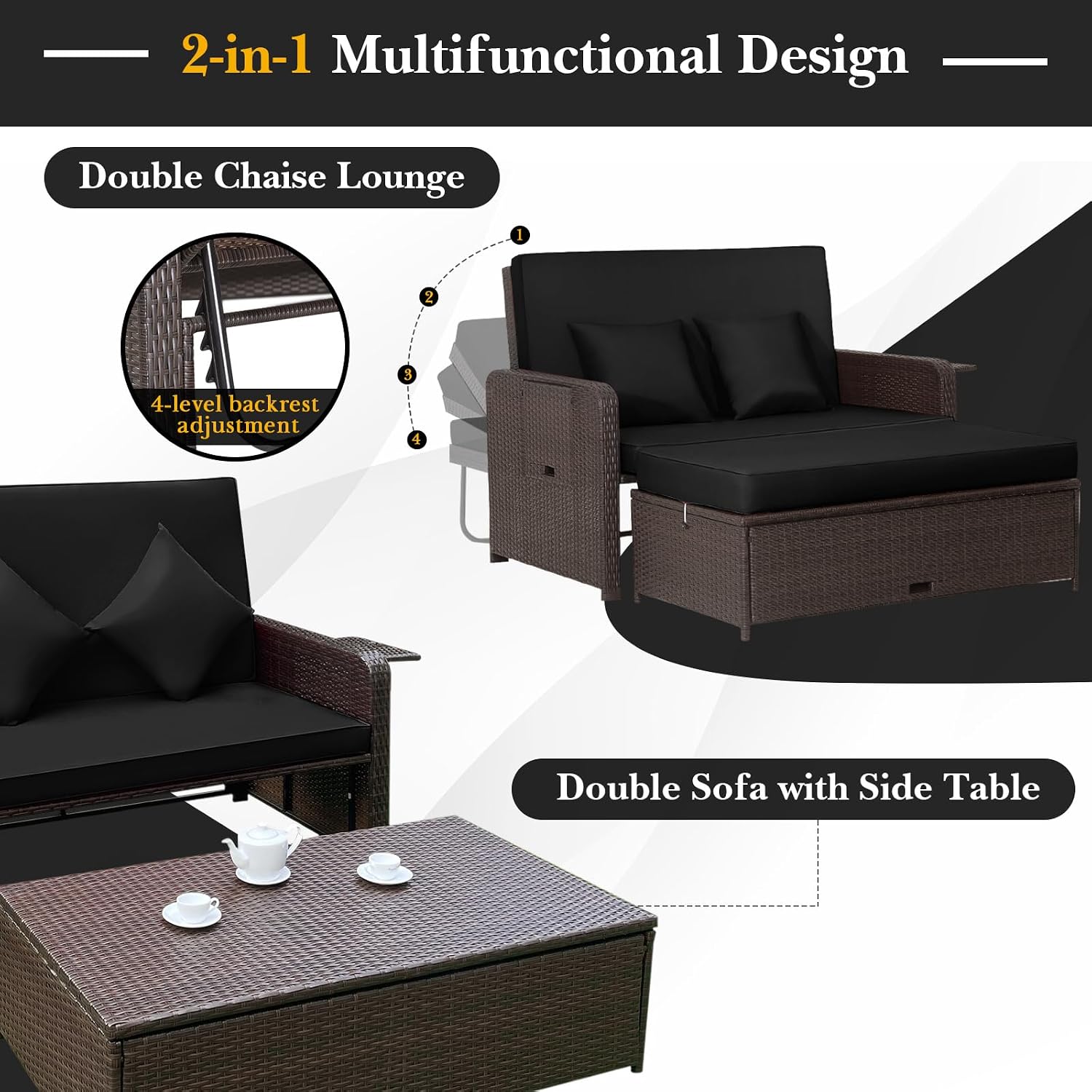Tangkula Patio Rattan Daybed with 4-Level Adjustable Backrest, Outdoor PE Wicker Loveseat with Storage Ottoman & Folding Side Tray, Double Sunbed Lounger for Balcony, Backyard & Poolside, Black
