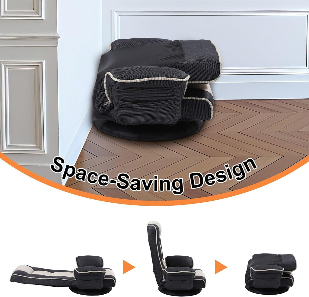 Swivel Floor Chairs for Adults, Floor Gaming Chair with Extra Wide Arms, Back Support 14 Angles Adjustable Comfortable Double Mesh Fabric Lazy Sofa for Video Game Chairs 201 (Black+Beige)