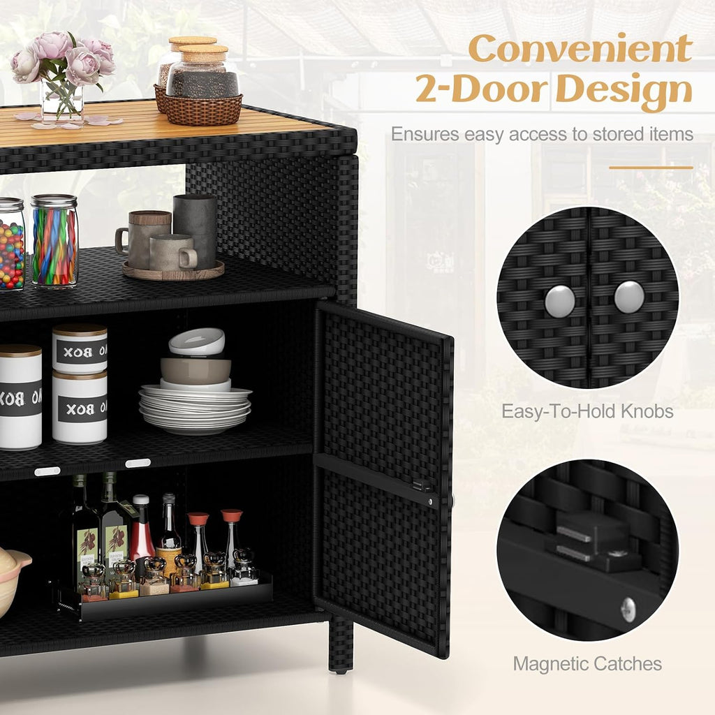 Tangkula Rattan Outdoor Storage Cabinet, Patiojoy Outdoor Cabinet with Acacia Wood Countertop, Open Compartment, 2-Door Wicker Sideboard, Outdoor Bar for Patio Garden Backyard Poolside (Black)