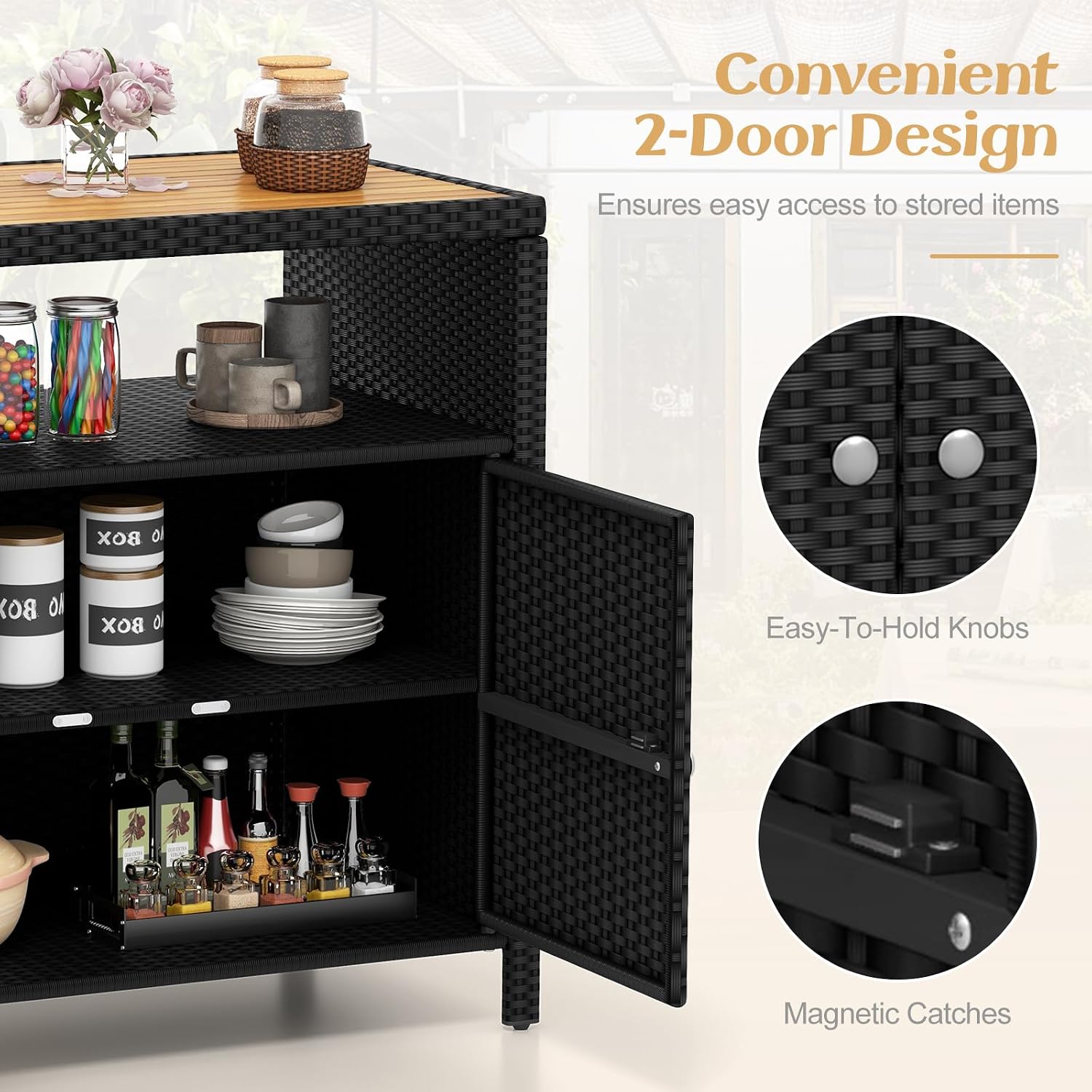 Tangkula Rattan Outdoor Storage Cabinet, Patiojoy Outdoor Cabinet with Acacia Wood Countertop, Open Compartment, 2-Door Wicker Sideboard, Outdoor Bar for Patio Garden Backyard Poolside (Black)
