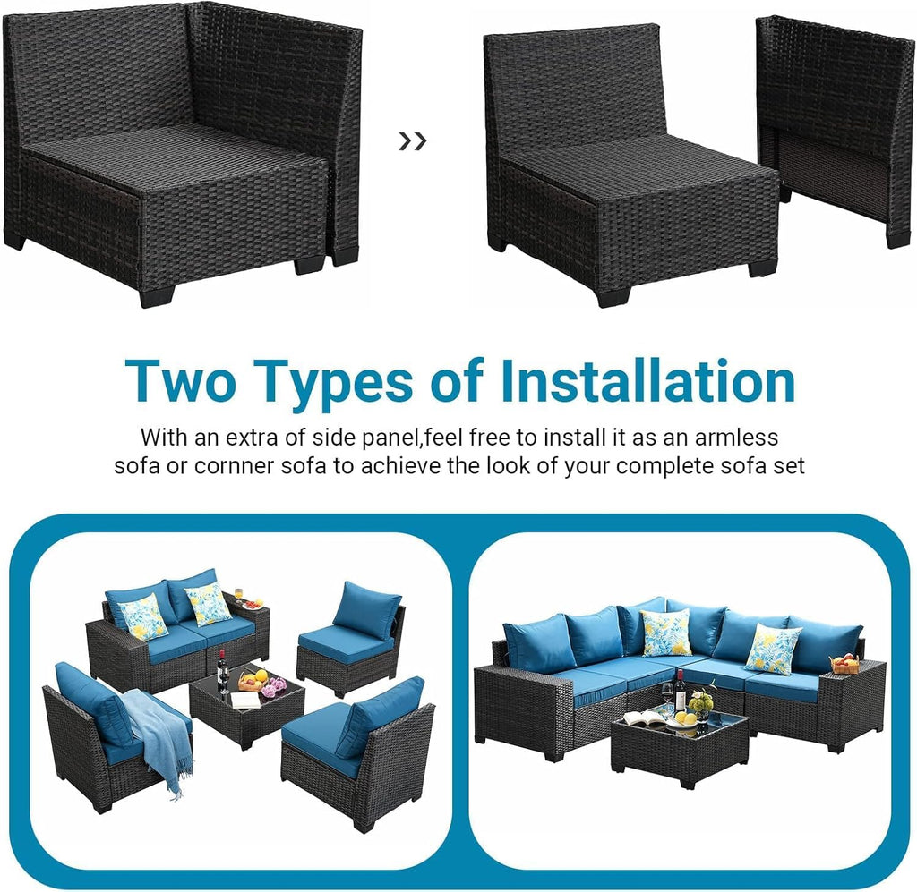 Patio Furniture Set, 6 Pieces Outdoor Couch Sofa with Wider Armrests & Glass Coffee Table, Outdoor Sectional Furniture with Thick Cushions for Party, Poolside,Garden-Peacock