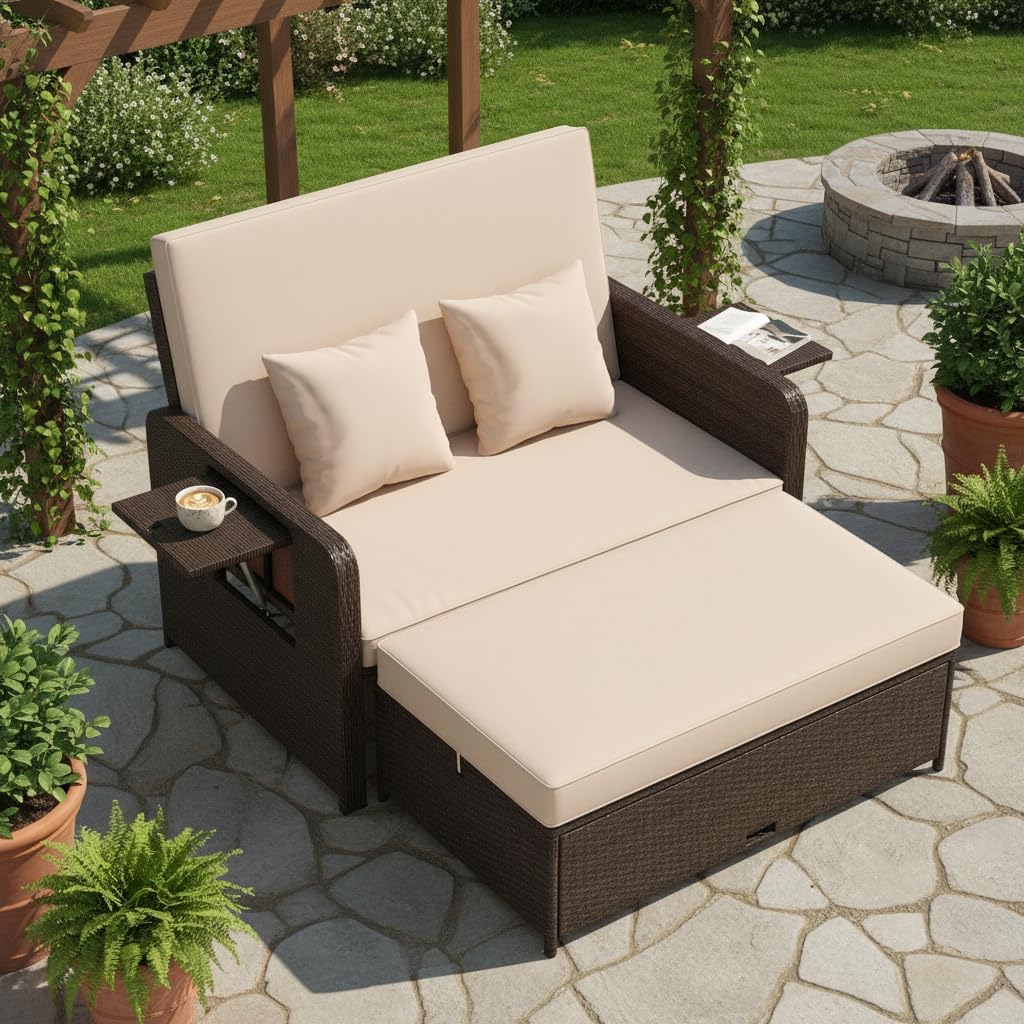 Tangkula Patio Rattan Daybed with 4-Level Adjustable Backrest, Outdoor PE Wicker Loveseat with Storage Ottoman & Folding Side Tray, Double Sunbed Lounger for Balcony, Backyard & Poolside