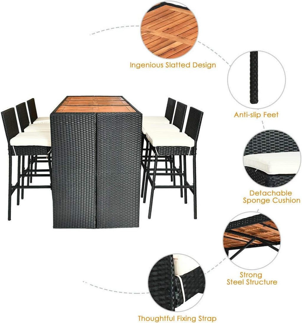 Tangkula 7 PCS Outdoor Wicker Furniture with Acacia Wood Bar Table Top and Removable Cushion, Conversation Set for Dining, Patios, Backyards, Porches, Gardens and Poolside (Black)