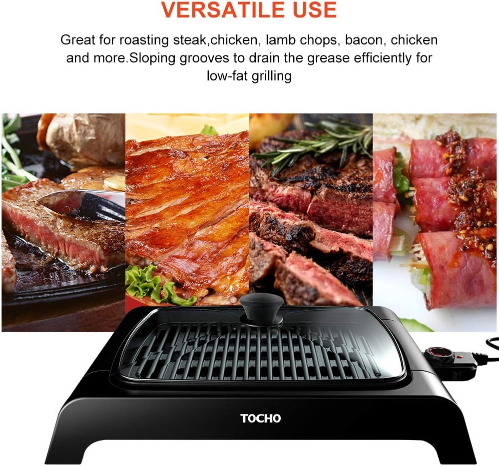 TOCHO Electric Grill, BBQ Griddle with non-stick plates and lid,indoor smokeless(16'×12' 120V 60Hz 1500W)