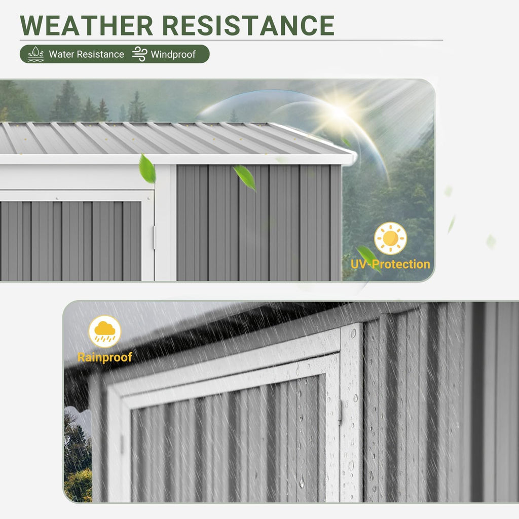 8x6 FT Outdoor Storage Shed with Sloping Roof, Lockable Double Doors & Adjustable Side Door, Weatherproof with Frame Floor, Compact Metal Tool Shed for Garden, Backyard and Patio