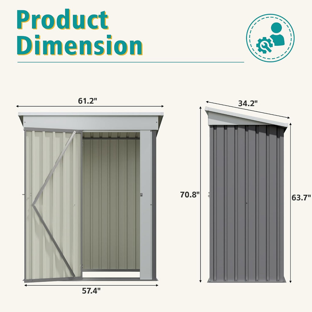 GUNJI 5 x 3 FT Shed Outdoor Storage Shed Metal Garden Shed with Lockable Door Outside Waterproof Tool Shed for Backyard, Patio, Lawn (Gray)