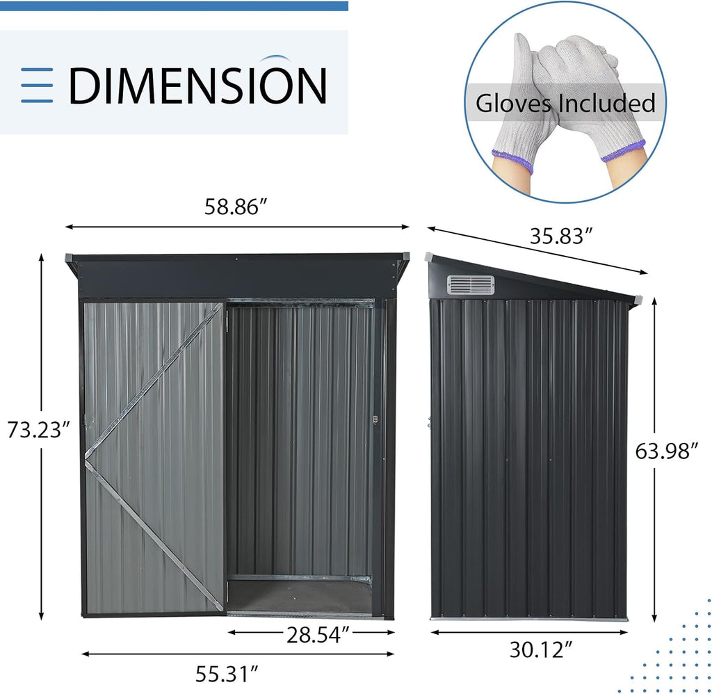 Verano Garden 5'x3' Outdoor Storage Shed, Galvanized Metal Steel Garden Shed W/Lockable Door, Small Waterproof Storage Shed for Backyard, Patio, Lawn (55.31' x 30.12', Black)