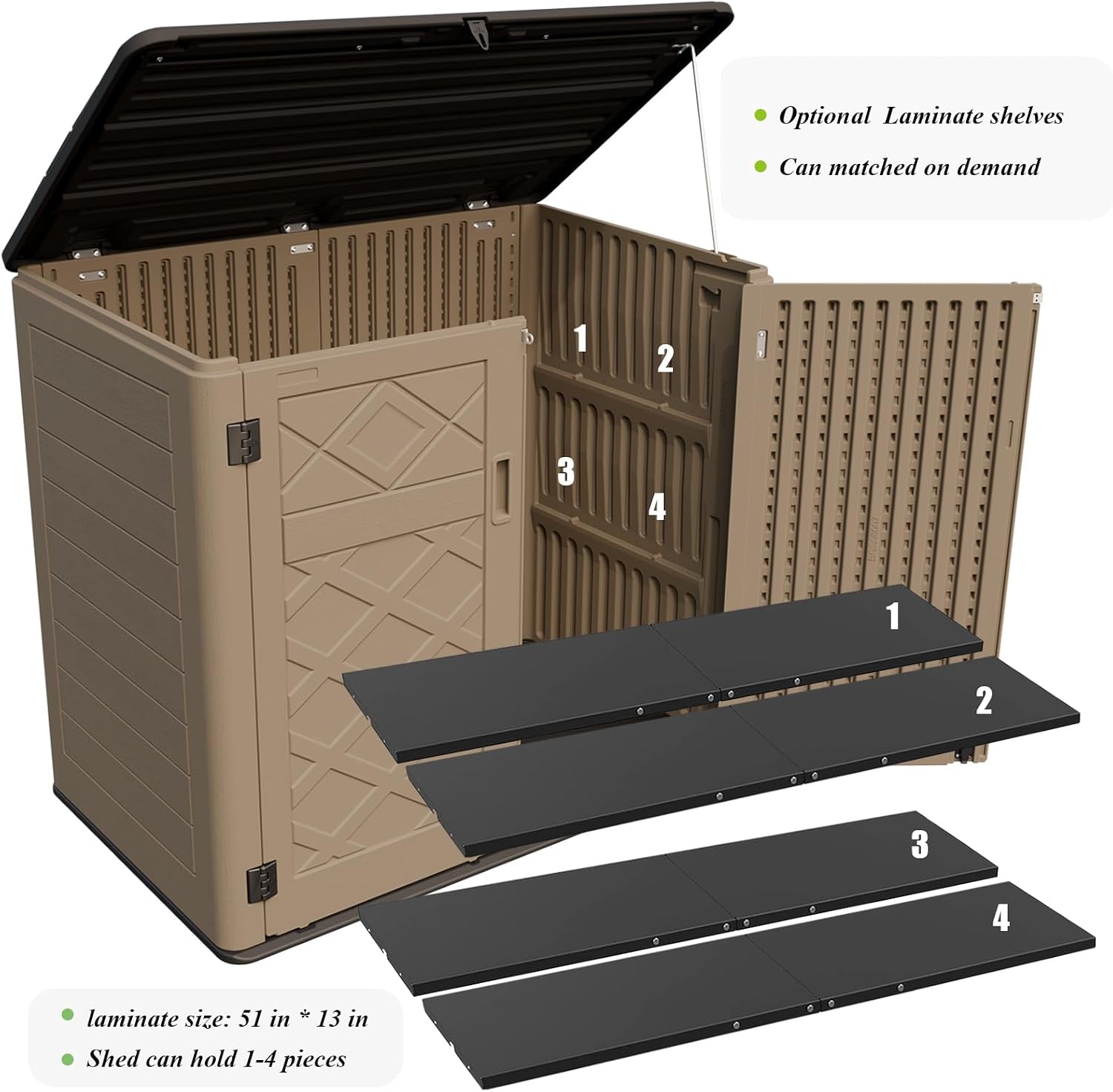 ZZM Large Outdoor Storage Shed, 48 Cu Ft Resin Versatile Storage Cabinet for Patio Accessories, Trash Cans & Garden Tools, Durable Horizontal Storage Box with Lockable Lid (Coffee)