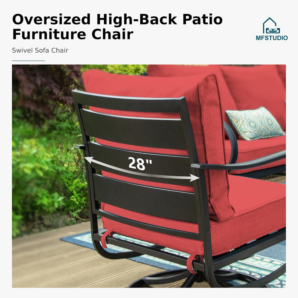MFSTUDIO 6 Pieces Metal Patio Furniture Sets, 2 Swivel Chair, 1 Deep Seating 3-Seat Sofa, 2 Ottoman & 1 Marbling Coffee Table, All Weather 7 Seats Outdoor Conversation Set for Garden, Burgundy Red