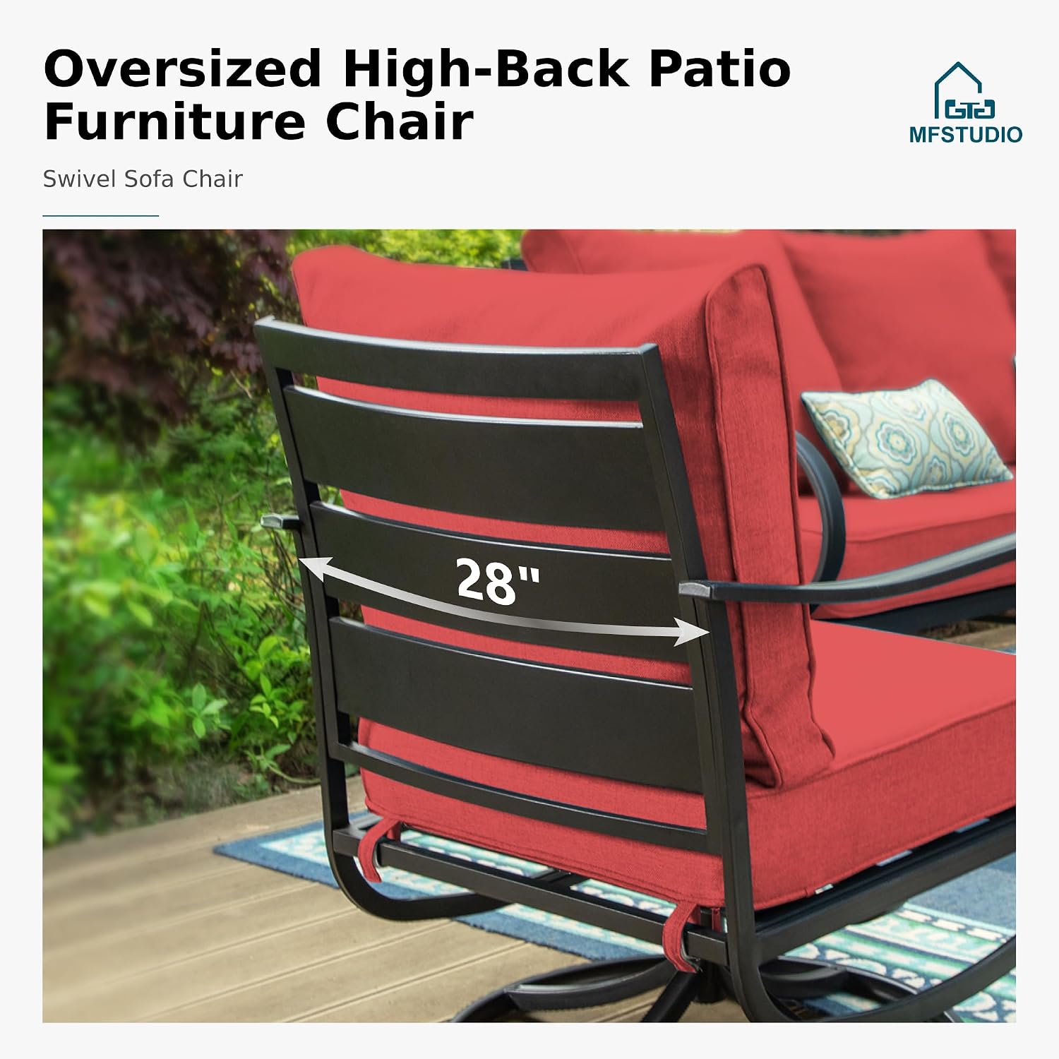 MFSTUDIO 6 Pieces Metal Patio Furniture Sets, 2 Swivel Chairs, 3-Seat Loveseat Sofa, 2 Patio Chairs & 1 Marbling Coffee Table, All Weather 7 Seats Outdoor Conversation Set for Garden, Burgundy Red