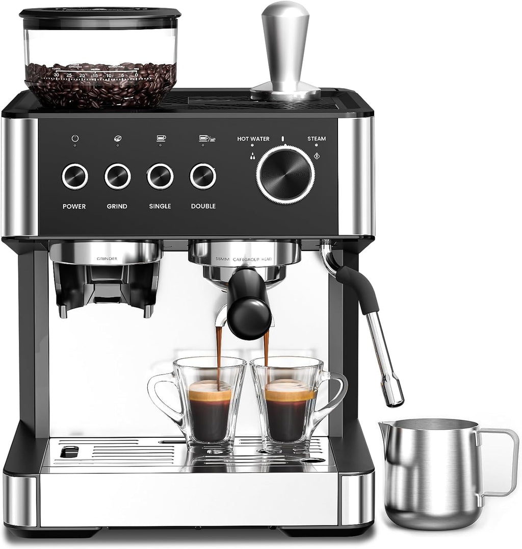 WAA Espresso Machine 20 Bar, Expresso Coffee Machines with Grinder, Espresso Maker with Milk Frother Steam Wand, Latte & Cappuccino Machine with Removable Water Tank for Home, Stainless Steel