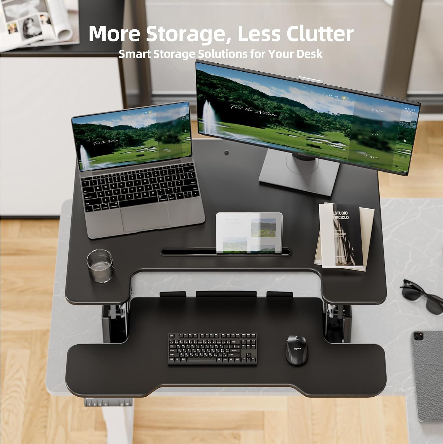 Claiks Standing Desk Converter 32 inch, Height Adjustable Sit Stand Up Desk Riser, Quick Sit to Stand Tabletop Dual Monitor Riser Workstation for Home Office with Keyboard Tray, Black