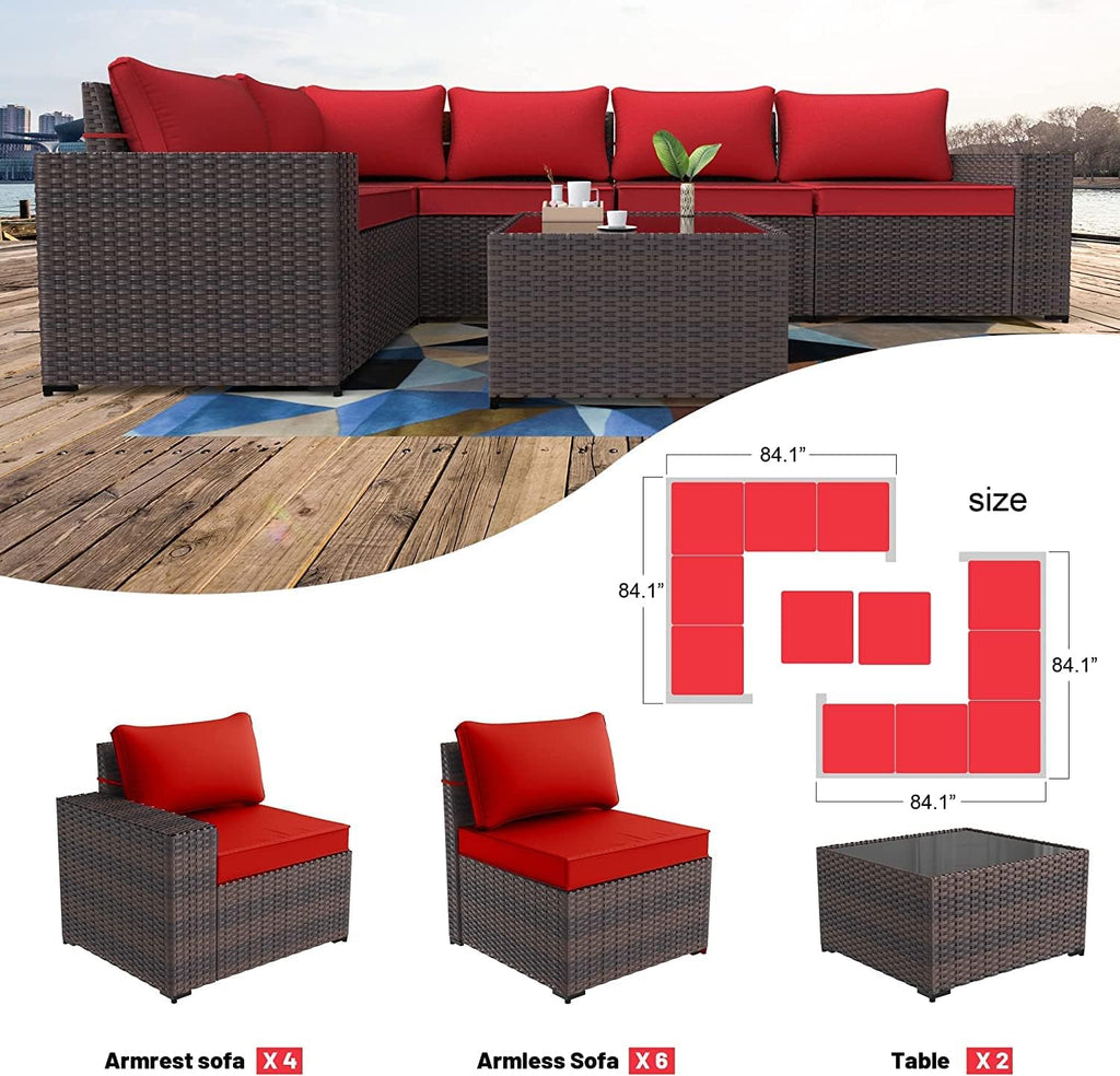 Kullavik Outdoor Patio Furniture Set 12 Pieces Sectional Rattan Sofa Set Brown PE Rattan Wicker Patio Conversation Set with 10 Red Seat Cushions and 2 Tempered Glass Table