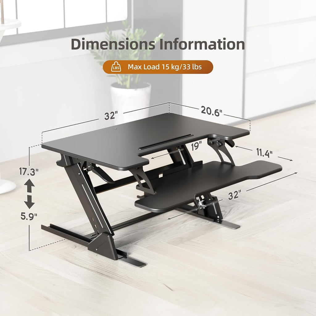 Claiks Standing Desk Converter 32 inch, Height Adjustable Sit Stand Up Desk Riser, Quick Sit to Stand Tabletop Dual Monitor Riser Workstation for Home Office with Keyboard Tray, Black