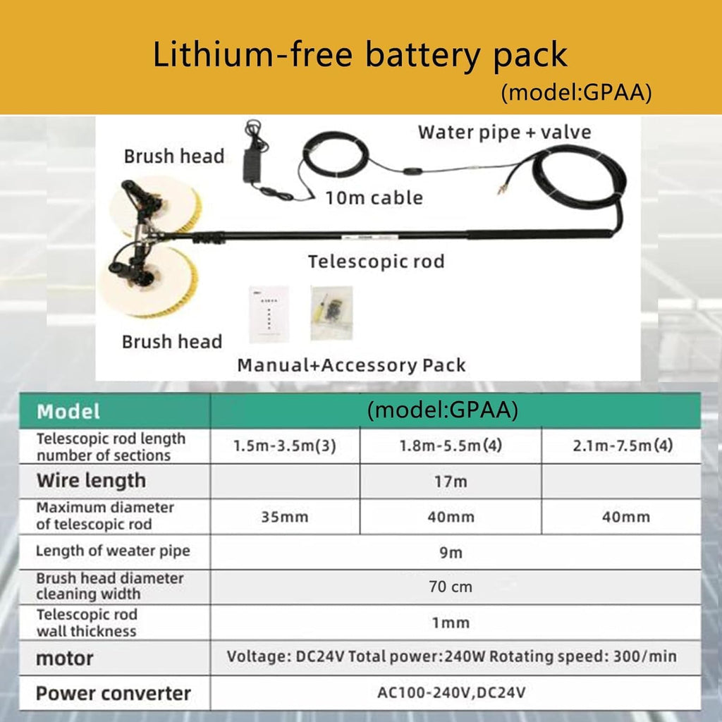 Solar Panel Cleaning Brush & Rod, 11.5ft -24.6ft Water Fed Pole Kit with Telescopic Pole, Electric Rotary Cleaning Brush, Solar Dual-Head Automatic Cleaning Brush,5.5m-BothTwo