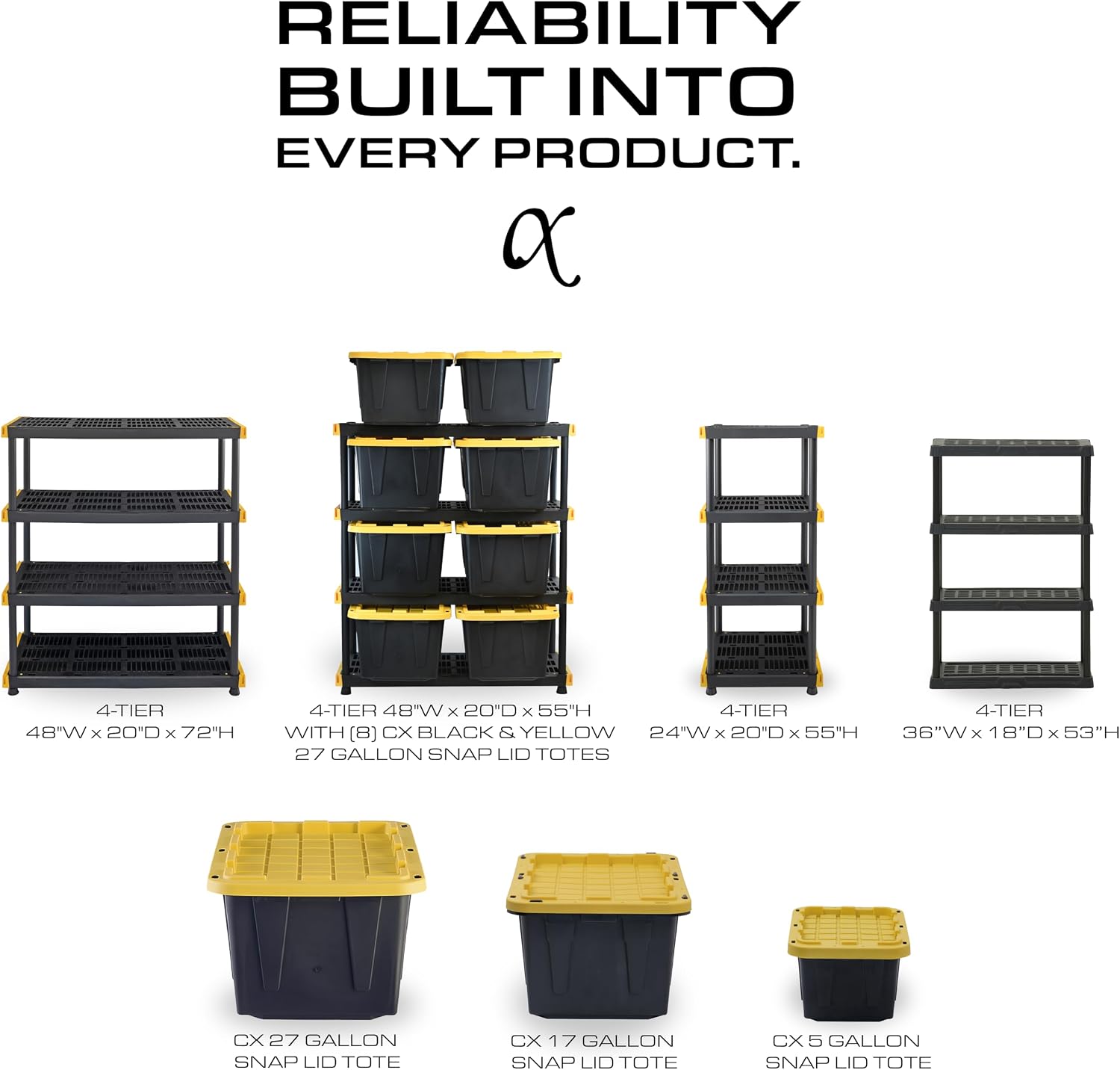 CX Black & Yellow, 5-Tier Heavy Duty Plastic Storage Shelves that Support up to 200lbs/shelf, Organization and Storage, Weather-Resistant Design, Easy Assembly (72'H x 48'W x 20'D)