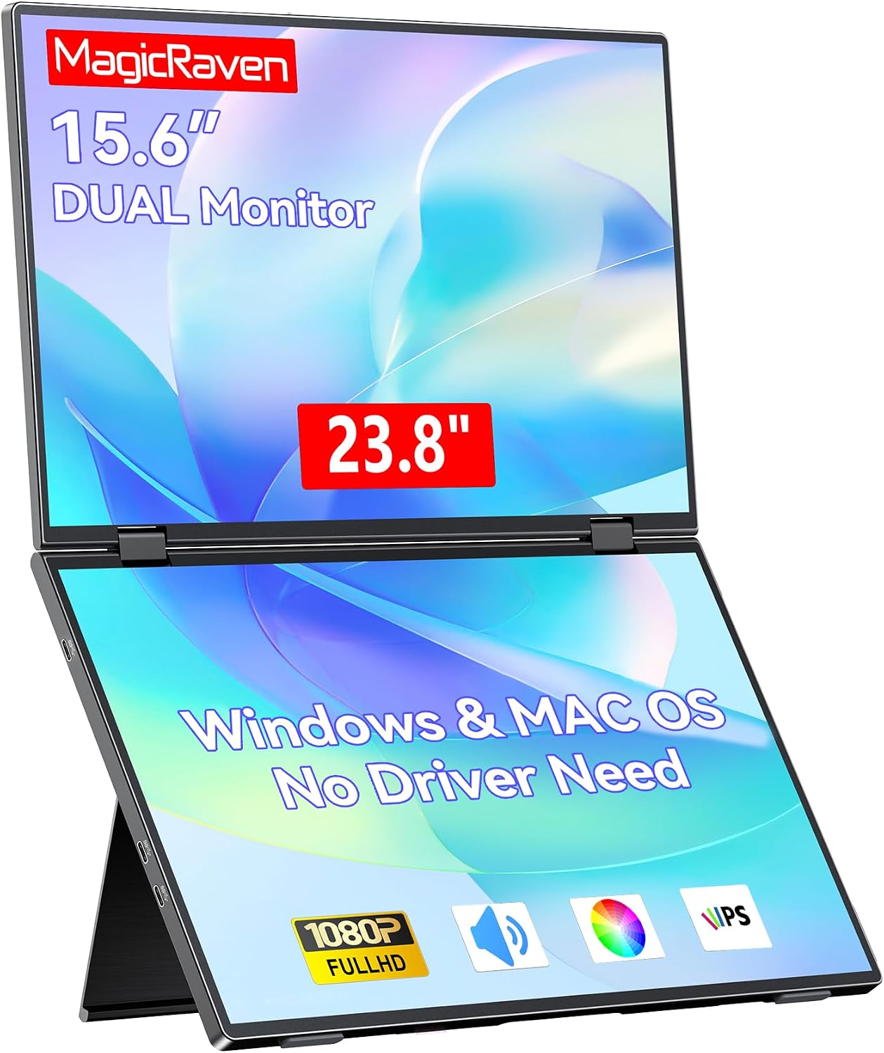 MAGICRAVEN Portable Dual Monitor for Laptop, Foldable Laptop Screen Extender, Plug & Play No Driver, 1080P FHD IPS Triple Screen for Travel & Office, Compatible with Mac, Windows - 15.6'