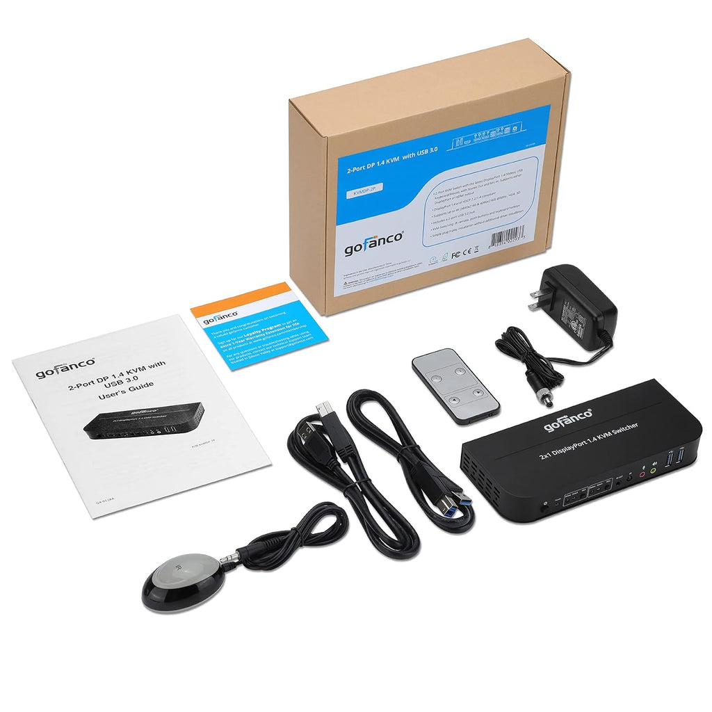 gofanco 2 Port 4K 60HZ DisplayPort KVM Switch with USB 3.0 – DisplayPort 1.4, 4K @60Hz 4:4:4, HDR, HDCP 2.2/1.4, USB Keyboard/Mouse, USB 3.0 Hub, MIC in, Stereo Out, IR Remote, Hotkeys (KVMDP-2P)