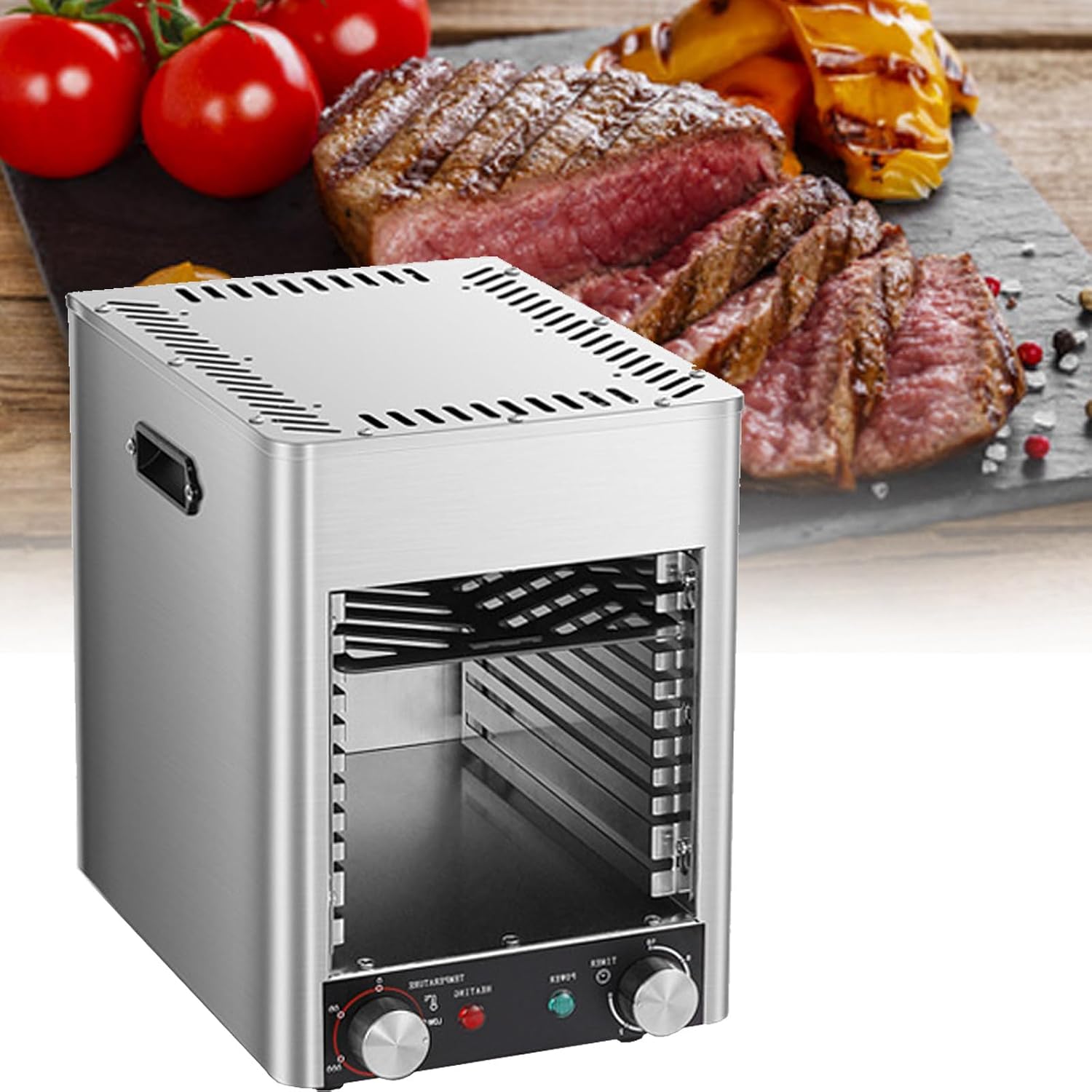Electric Steak Grill, Commercial Indoor Countertop Oven, Adjustable Time Temperature, 800°C Constant Temperature Electric Grill, for Toast, and Broil Chicken, Beef, Pork, and Vegetables,NPJ-003-220V