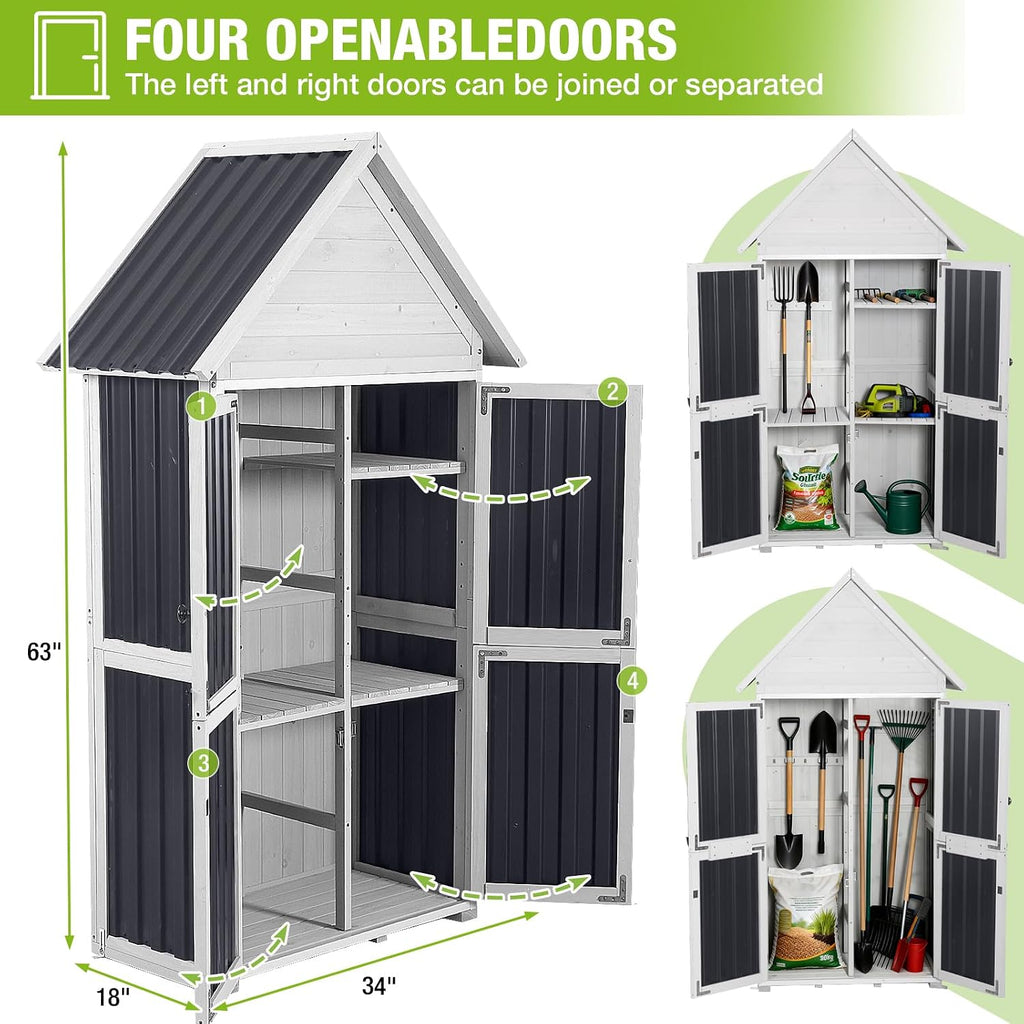 GUTINNEEN Outdoor Storage Cabinet, Wood & Metal Frame Garden Storage Shed with Waterproof Plastic Roof, Adjustable Shelves, Raised Base, Weather-Resistant Tool Shed for Backyard, Patio & Lawn, 67.5'H