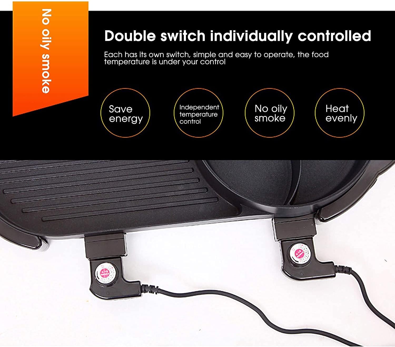 BBQ Smokeless Grill Electric Grill and Hot Pot, Multifunctional BBQ hot Pot Double Pot with 5 Temperature adjustments,Portable Home Electric Barbecue 2 in1 Outdoor Teppanyaki Grill/Shabu Pot (Size :