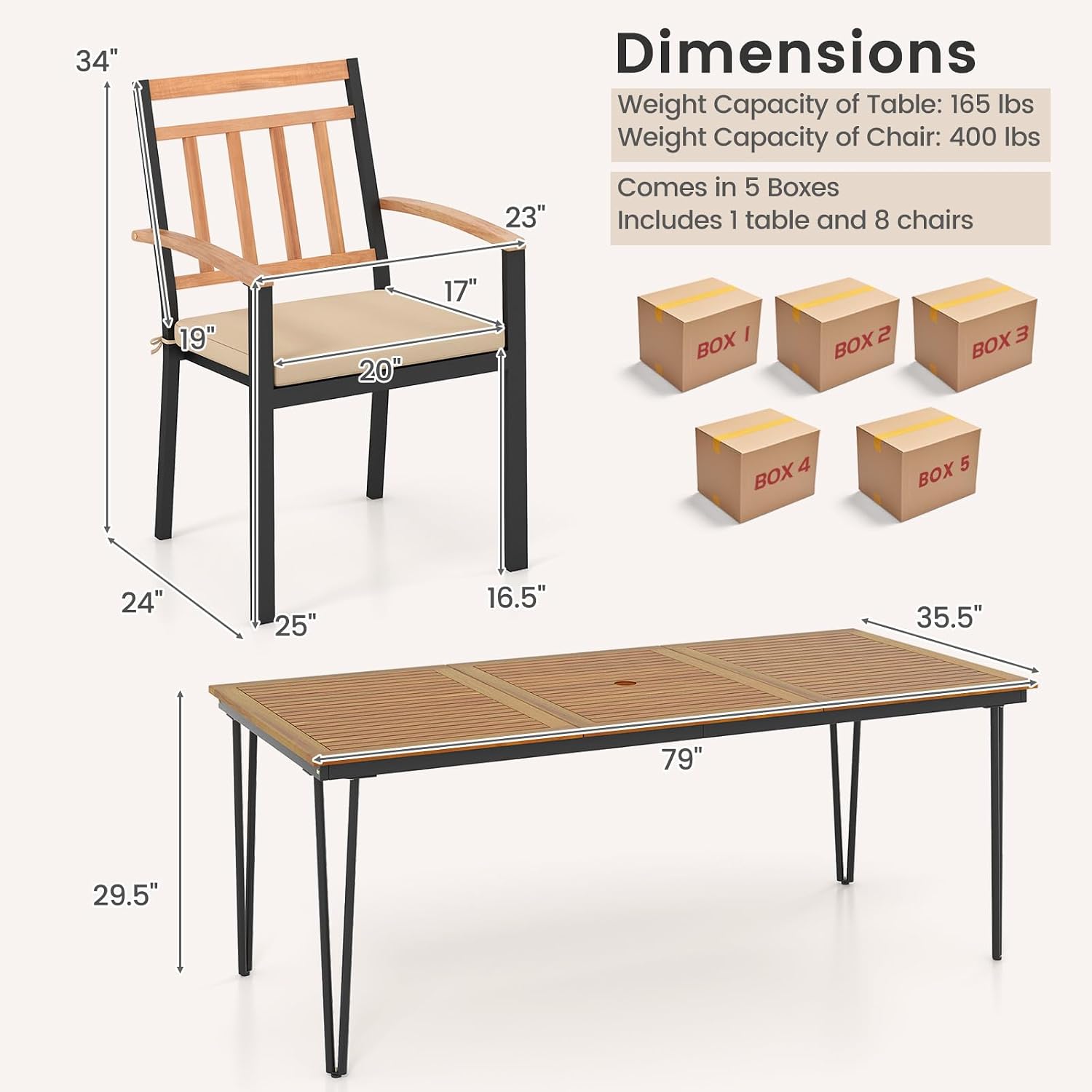 Tangkula 9 Piece Patio Dining Set, Outdoor Dining Furniture Set w/Rectangular Acacia Wood Dining Table & 8 Cushioned Chairs, Metal Frame Dining Set w/Umbrella Hole for Yard, Porch, Garden, Deck
