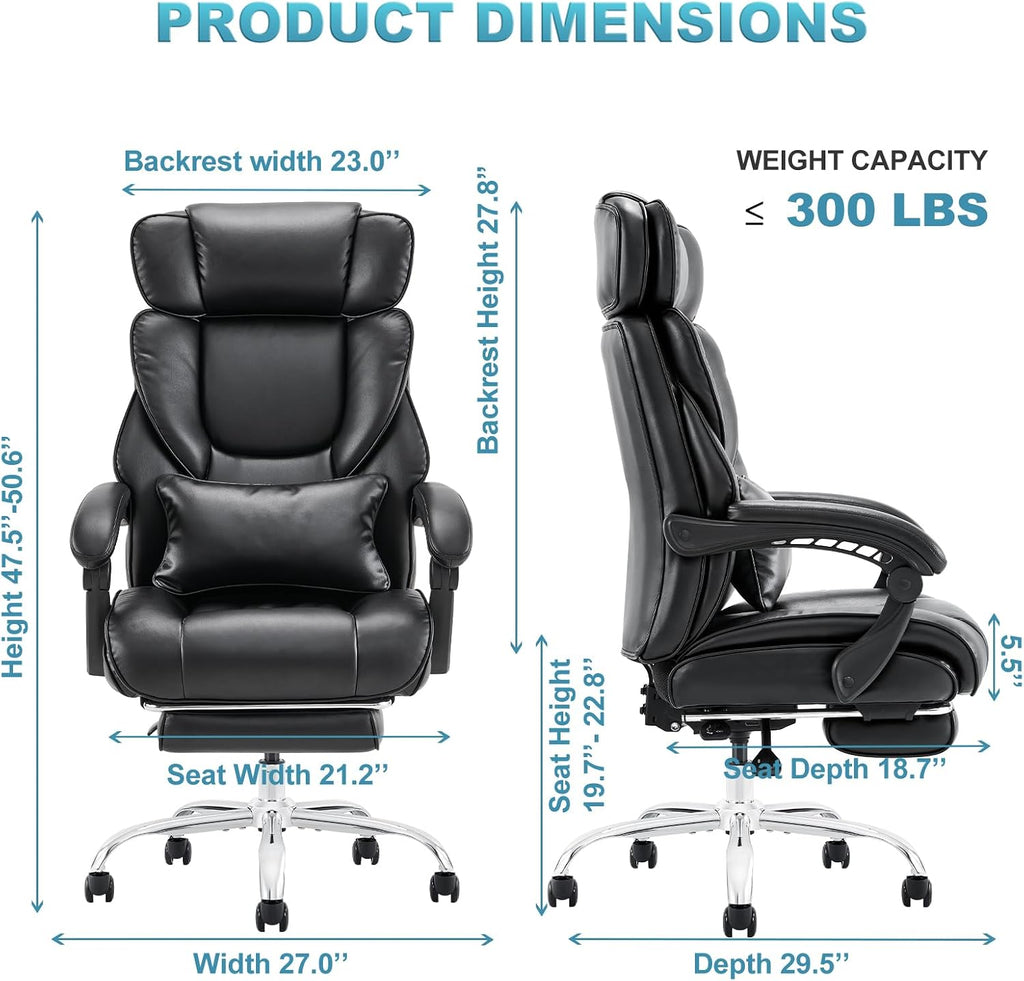 COLAMY Office Chair with Retractable Footrest, Ergonomic High Back Design Executive Computer Desk Chair with Removable Lumbar Pillow, 90-135°Reclining, Thick Bonded Leather for Home Office Work, Black