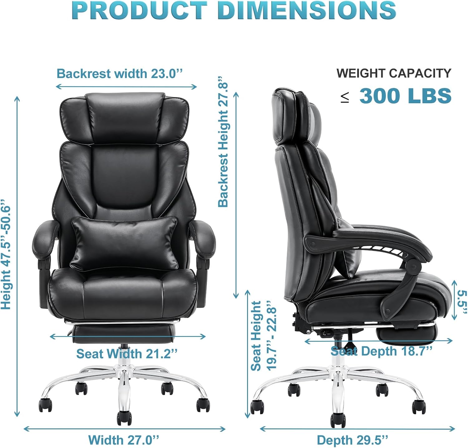 COLAMY Office Chair with Retractable Footrest, Ergonomic High Back Design Executive Computer Desk Chair with Removable Lumbar Pillow, 90-135°Reclining, Thick Bonded Leather for Home Office Work, Black