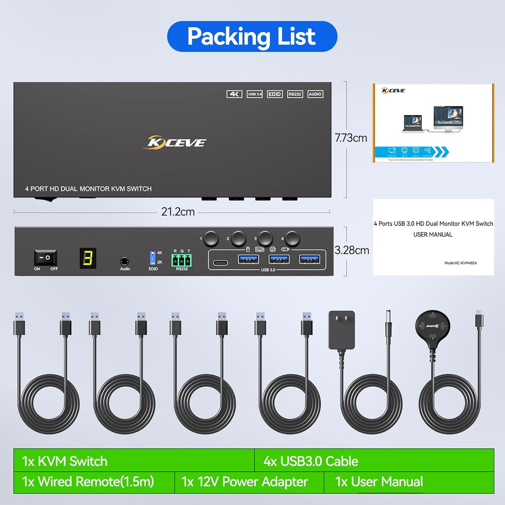 4 Port HDMI KVM Switch 2 Monitors 4 Computers 4K@60Hz EDID Simulation,Dual Monitor KVM Switch with 4 USB 3.0 Ports for USB Peripherals,Audio,RS232,with Wired Remote,12V Power and 4 USB Cables