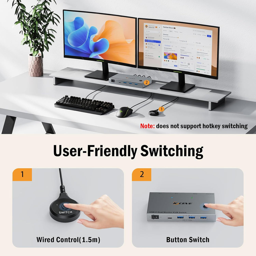 4K60Hz Dual Laptop USB C KVM Switch Dual Monitor, Share 4 USB 3.0 Devices & PD 80W Charging, Plug and Play with Wired Remote and 2 USB-C 3.1 Cables