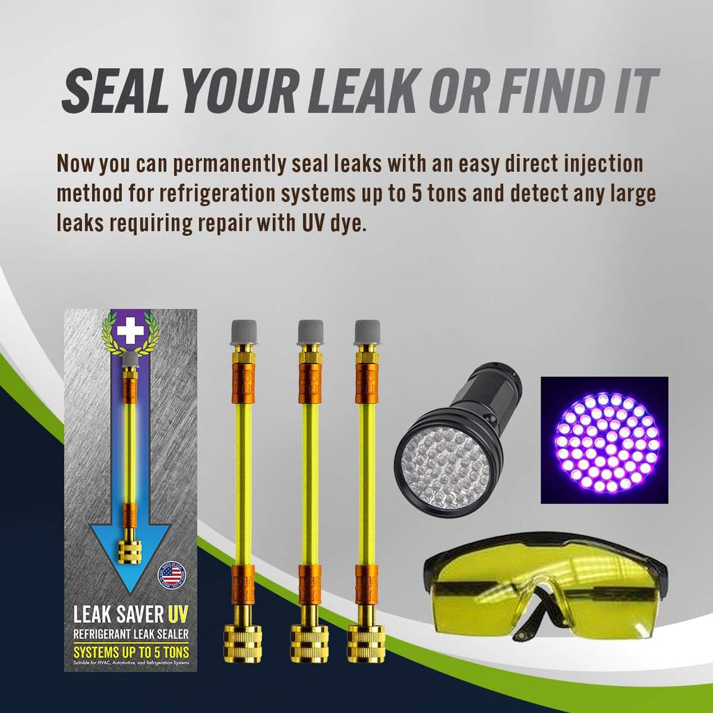 Leak Saver Direct Inject Refrigerant Leak Sealer with UV Dye, 6 Pack - Includes 51 LED UV Light and Protective Glasses