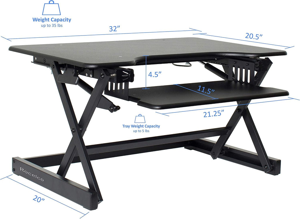 Rocelco 32' Height Adjustable Standing Desk Converter - Sit Stand Computer Workstation Riser - Dual Monitor Retractable Keyboard Tray Gas Spring Assist - Black (R EADRB2)