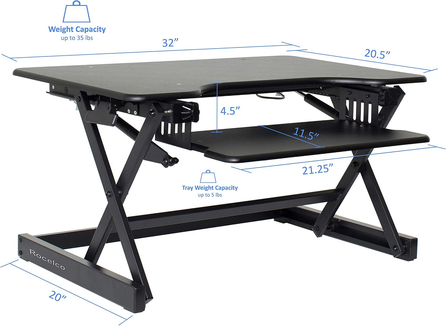 Rocelco 32' Height Adjustable Standing Desk Converter - Sit Stand Computer Workstation Riser - Dual Monitor Retractable Keyboard Tray Gas Spring Assist - Black (R EADRB2)