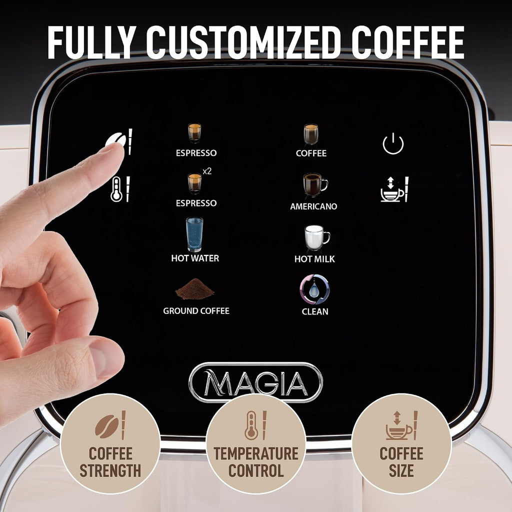 Zulay Kitchen Magia Clasica Automatic Espresso Machine with Built-In Grinder, Touch Panel Coffee Maker, Steam Wand Milk Frother, Adjustable Strength, Self-Cleaning, Cream & Silver (13' x 17.7' x 9.4')