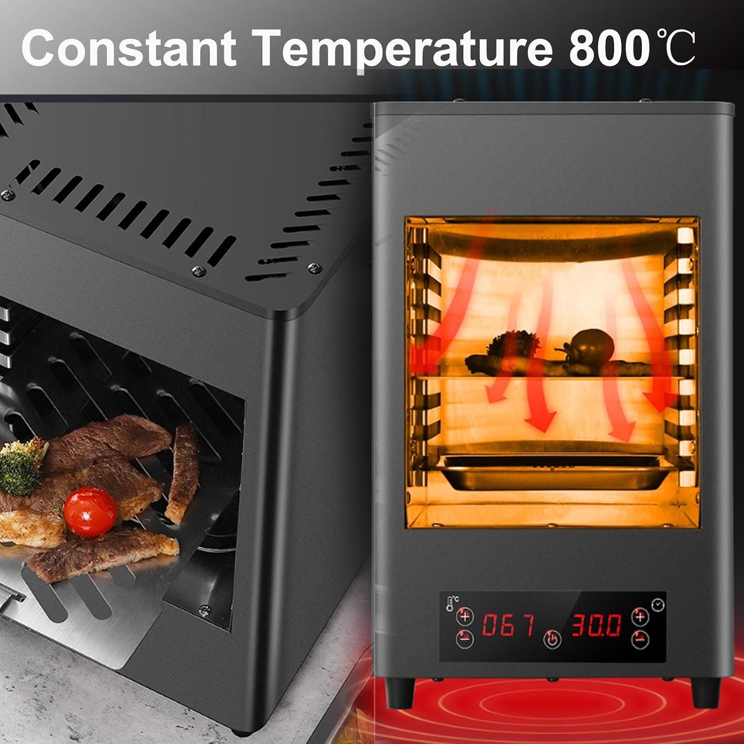 1700W Indoor Commercial Steak Grill,Electric Steak Broiler +glove-Time Temperature Adjustable/Touch Button/800℃ High Temperature/8-Layer Grill-for Beef Chicken Vegetables,A