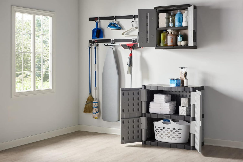 Rubbermaid Wall Mounted Storage Cabinet with Doors 150-Pound Capacity Gray Lockable Three-Shelf Cubbard for Tools/Car Accessories/Cleaning in Home/Garage/Outdoor Areas