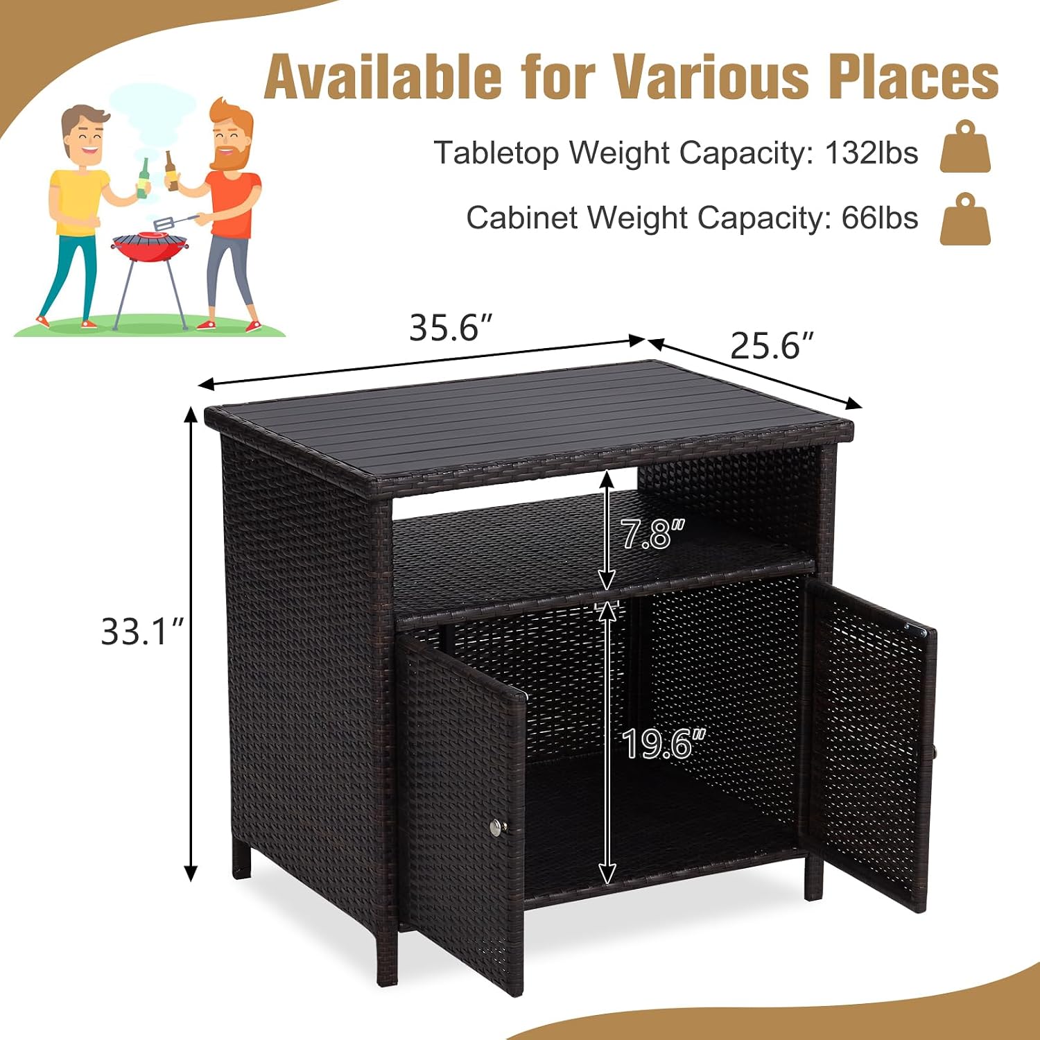 Outdoor Wicker Storage Cabinet - Patio Bar Table with Storage and Doors, Rattan Console Table Buffet Cabinet, Outdoor Storage Unit for Patio, Pool, Garden, Indoor, Kitchen, Dark Brown