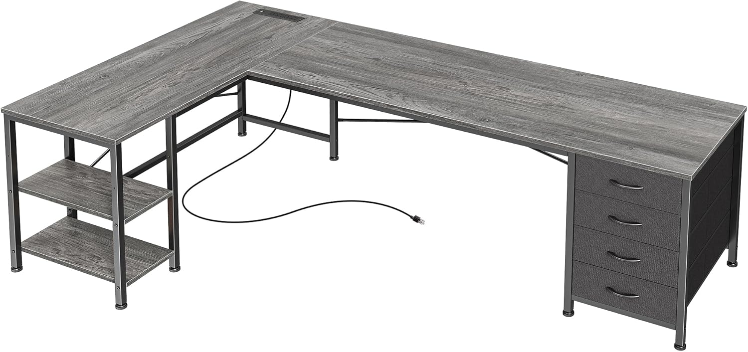 Huuger 63 Inch L Shaped Desk with Fabric Drawers, Reversible Computer Gaming Desk with Power Outlets and USB-C Port, Adjustable Side Storage Shelves, for Work Study Corner Home Office, Grey
