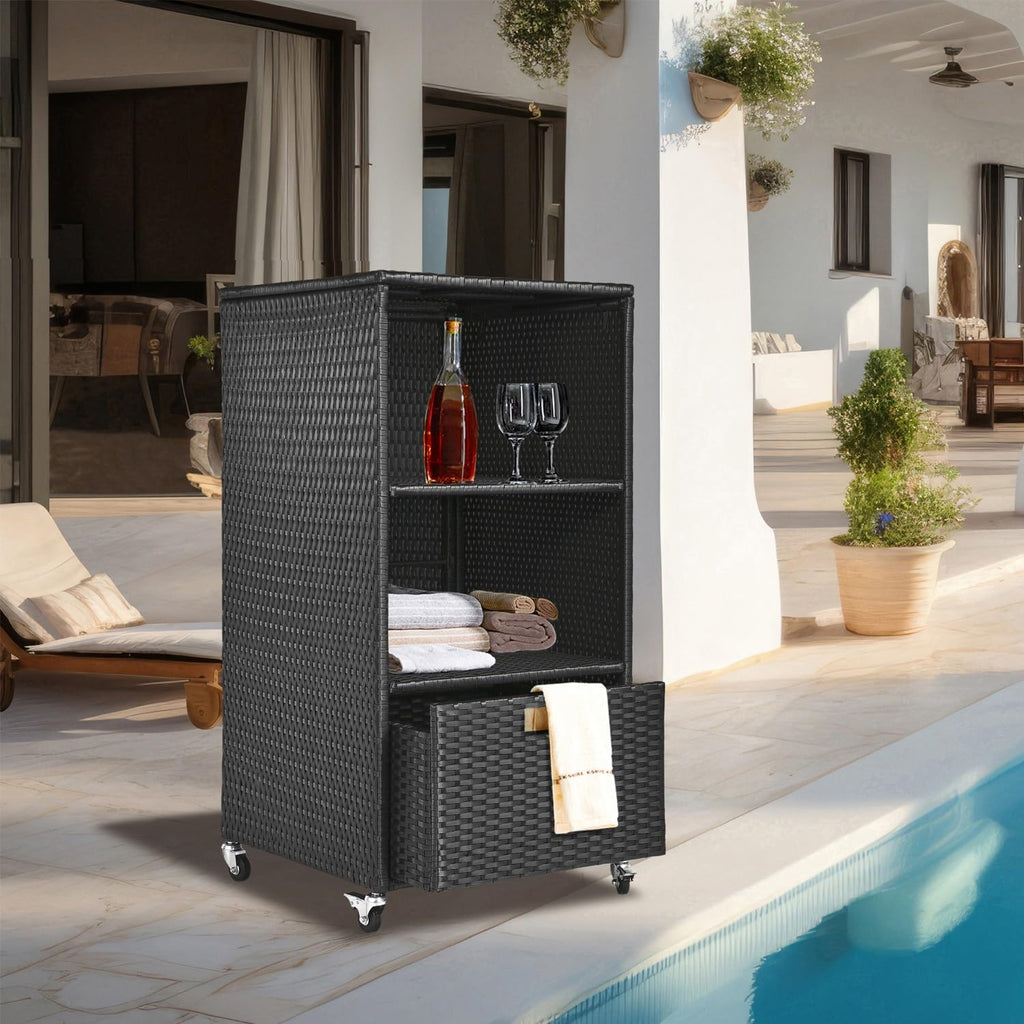Outdoor Towel Rack for Pool Outdoor Pool Towel Storage Cabinet with Shelf & Drawer Pool Towel Holder with Rolling Wheels Hot Tub Towel Rack w/Waterproof Cover Poolside Towel Valet Caddy for Spa Black