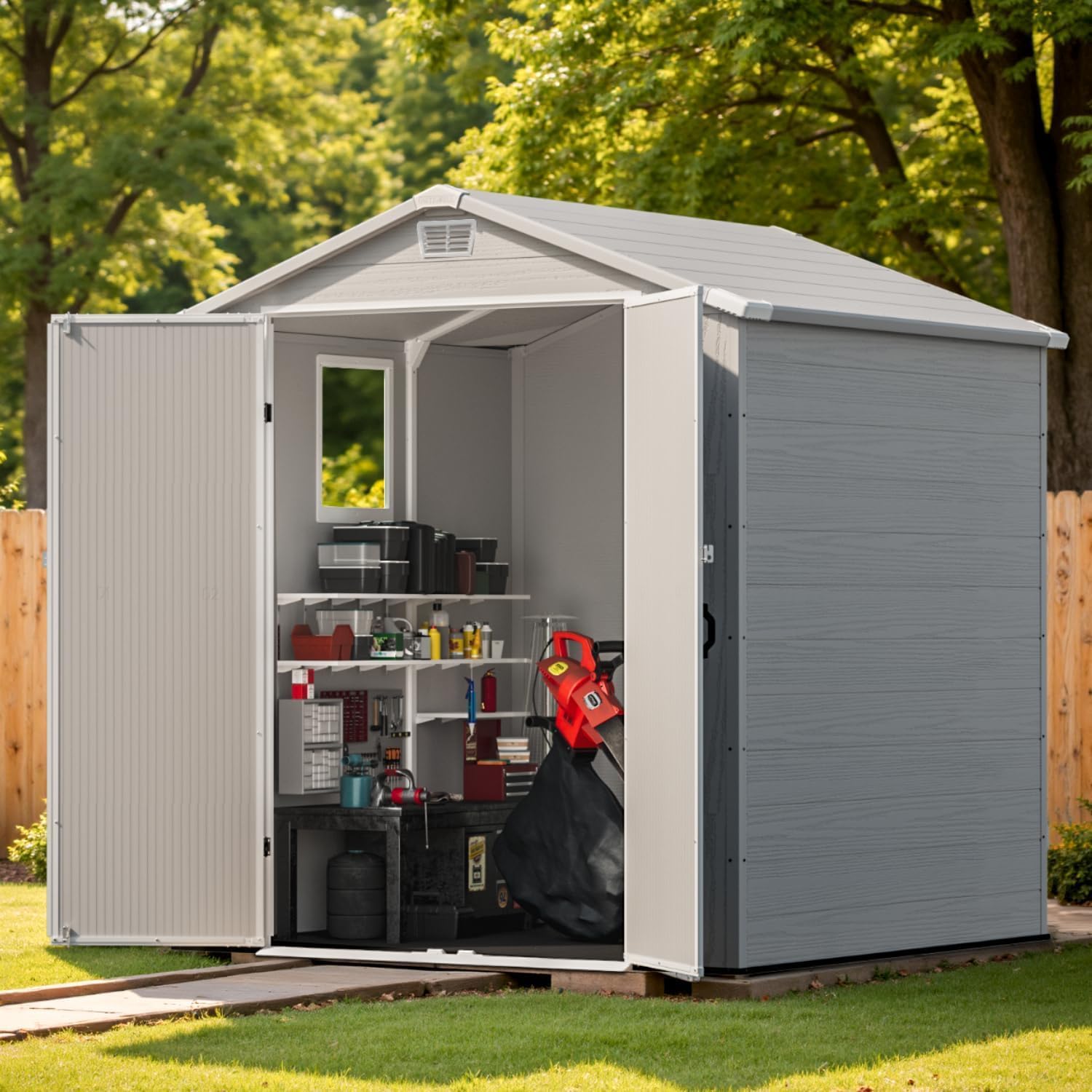 Patiowell 6X6 FT Outdoor Storage Shed with Lockable Door and Floor, Resin Garden Tool Shed with Window, Waterproof Easy Assembly for Backyard, Lawn, Patio Furniture Storage (Light Grey)