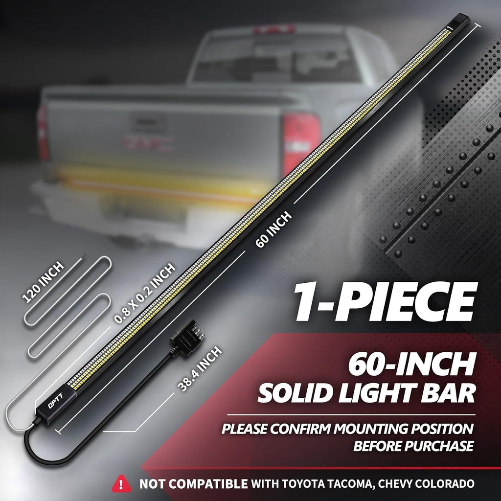 OPT7 Redline 60' Aluminum Truck Tailgate Light Bar w/Sequential Amber Turn - Weatherproof Rigid 1-Piece Triple Row LED Strip - Dynamic Taillight w/White Reverse - Fits F150, Silverado, Sierra, Ram