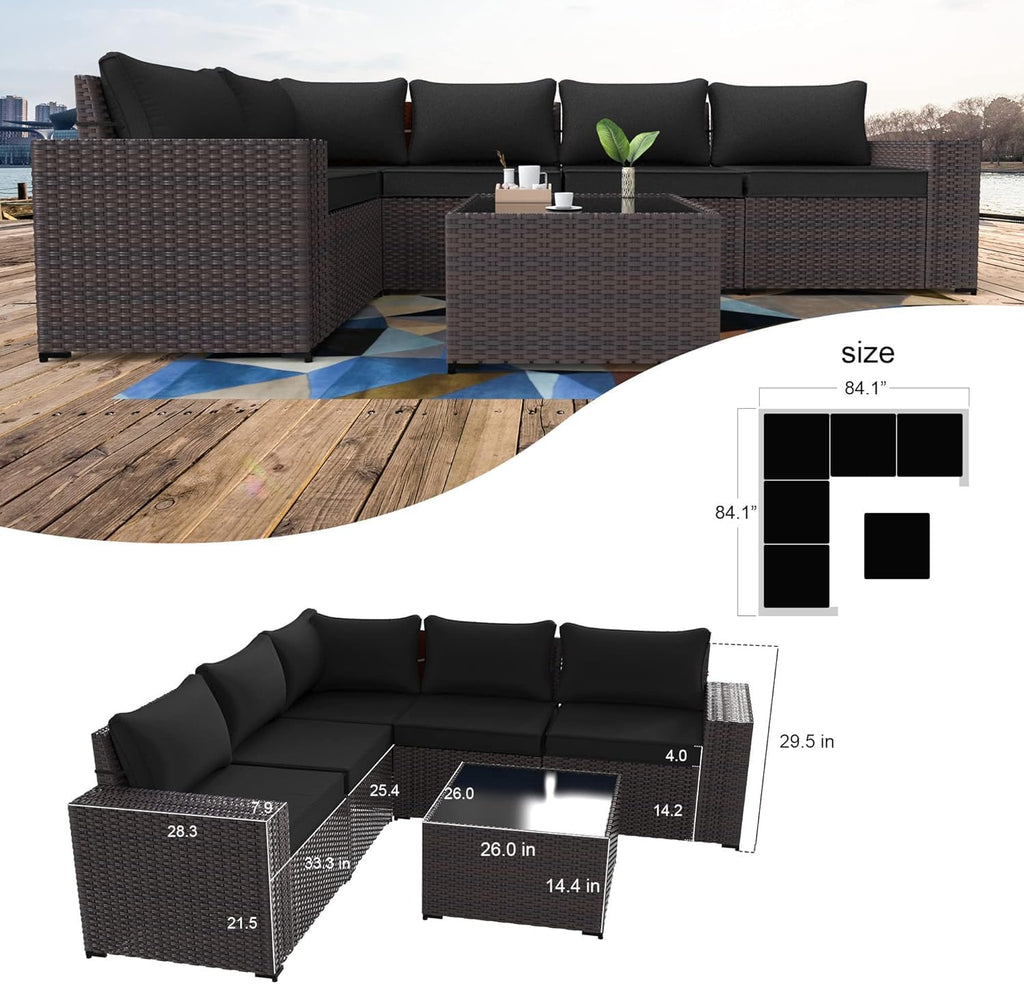 Kullavik Outdoor Patio Furniture Set 6 Pieces Sectional Rattan Sofa Set Brown PE Rattan Wicker Patio Conversation Set with 5 Seat Cushions and 1 Tempered Glass Table,Black