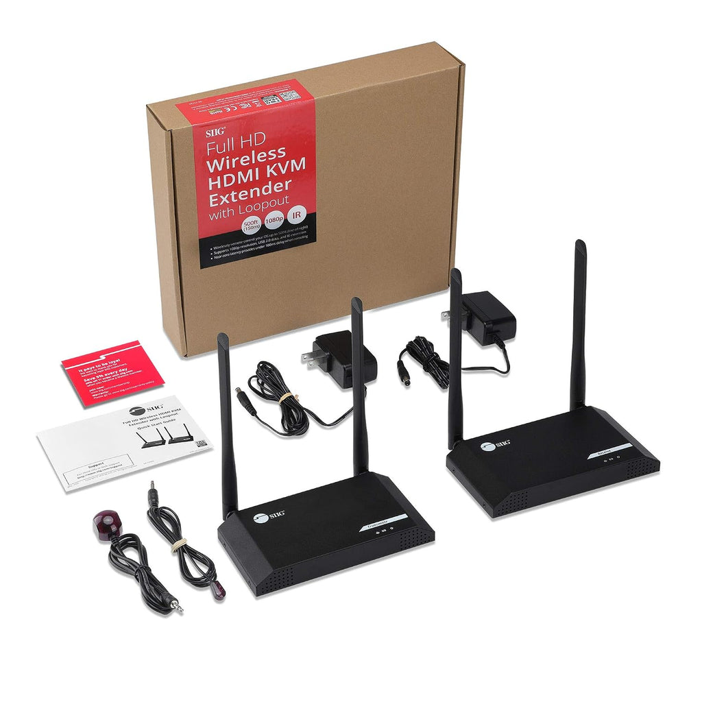 SIIG 500ft 1080p Wireless HDMI USB KVM Extender with IR & Local Loop-Out,HDMI 1.3,HDCP 1.4, 2.4G Wireless 2T2R MIMO Antenna,2X USB 2.0, Stereo Audio,Low Latency,Premium Metal Housing CE-H26G11-S1