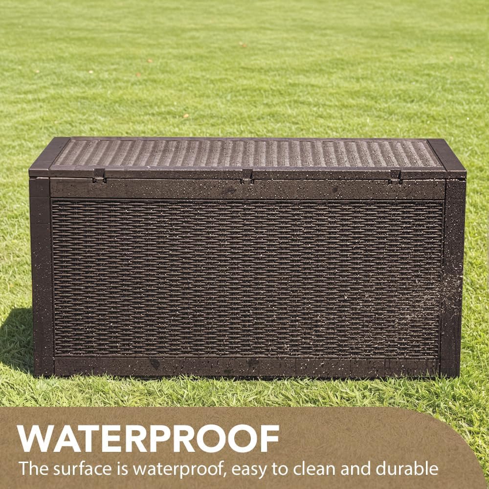 Devoko 95 Gallon Deck Box Large Resin Outdoor Storage Box, Waterproof and UV Resistant Lockable for Outdoor and Patio, Large Storage Cabinet for Patio Furniture, Garden Tools and Pool Supplies, Brown