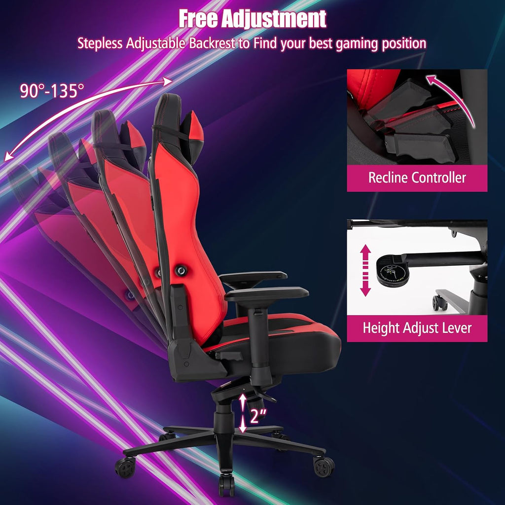 Goplus Gaming Chair, 360° Swivel Computer Chair with Casters, Multi-Angle Reclining, Tension Control, 4D Armrest, Headrest, Gas Lift, Height Adjustable Game Chair for Office, Bedroom, Red