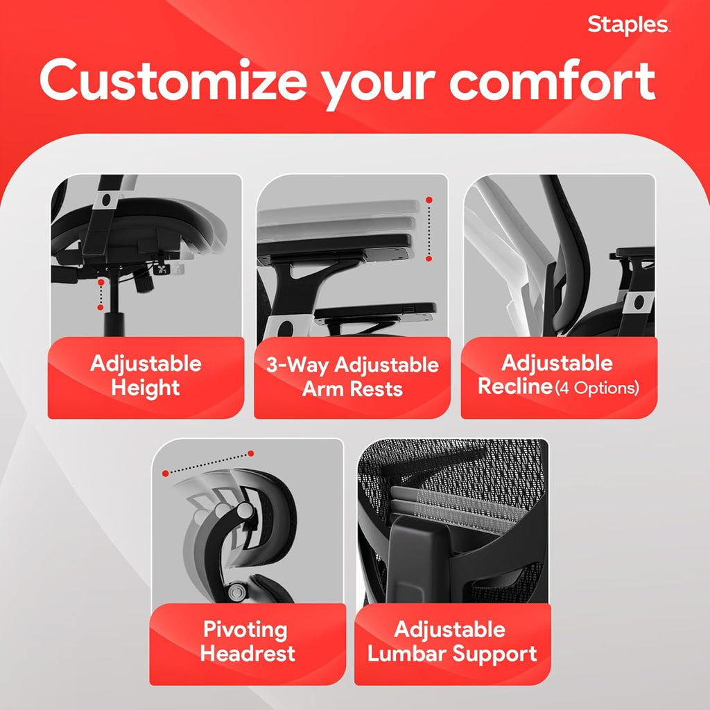 STAPLES Hyken Ergonomic Office Chair Adjustable Lumbar Support with Breathable Mesh, Swivel Desk Chair for Home Office, Black (XL)