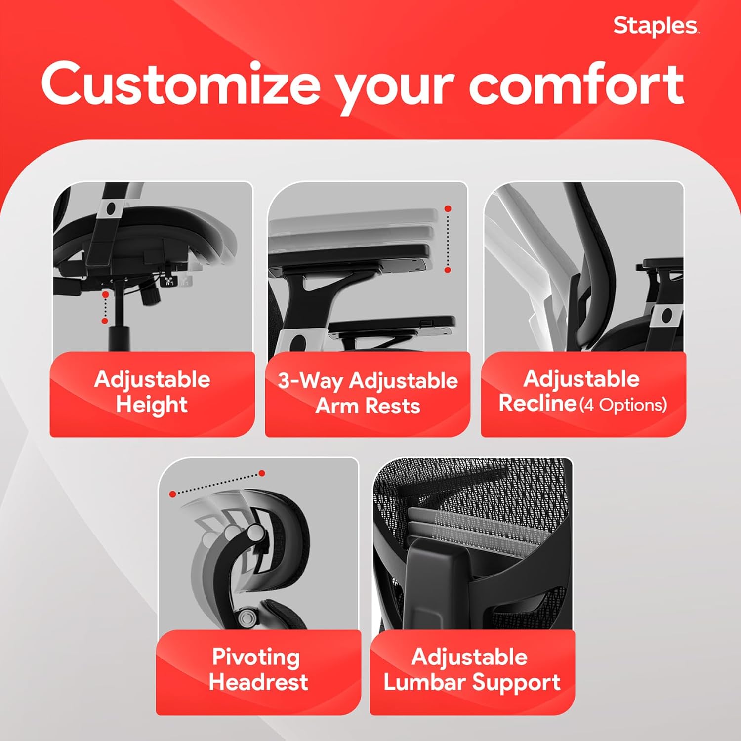 STAPLES Hyken Ergonomic Office Chair Adjustable Lumbar Support with Breathable Mesh, Swivel Desk Chair for Home Office, Black (XL)