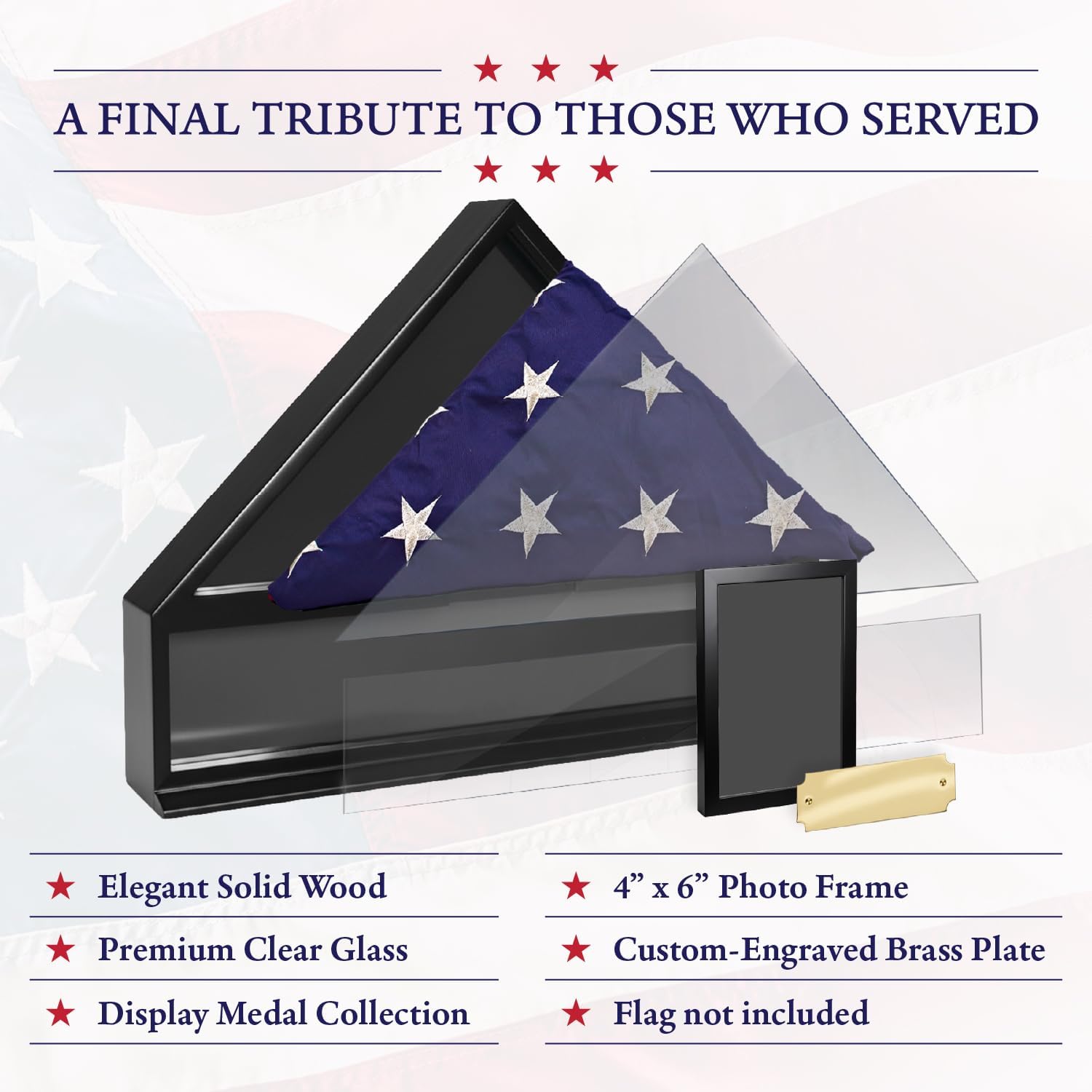 Bey-Berk Personalized American Burial Flag Display Case (Black), Solid Wood Military Shadow Box with Medal Display, 4' x 6' Photo Frame and Glass Front, Fits 5' x 9.5' Veteran Flag